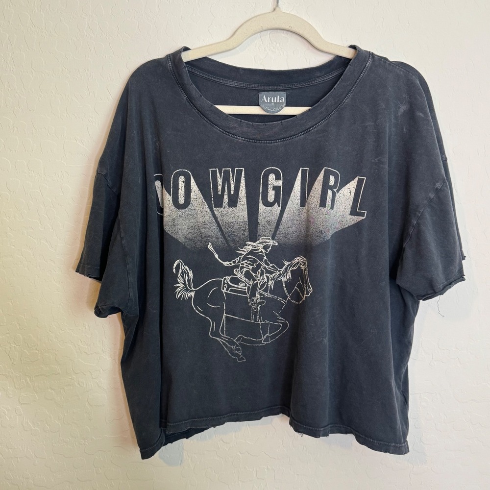 Arula Womens 100% Cotton T-Shirt Sz 2X Black Cowgirl Distressed Boxy Tee Casual